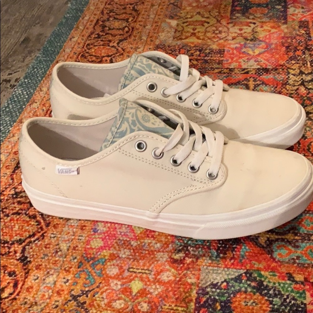 Cream Colored Vans with Blue Floral Accent